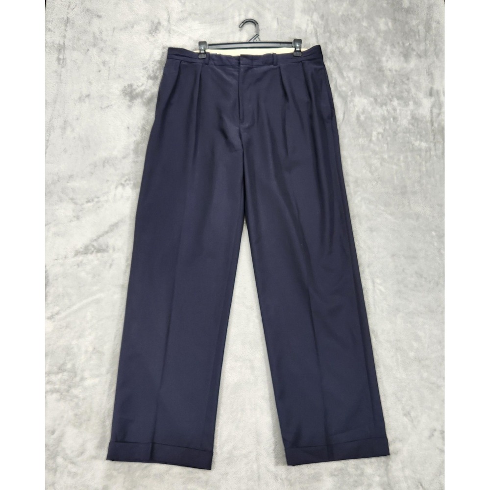 Polo Ralph Lauren Dress Pants Mens 36x31 Blue Wool Pleated‎ Cuffed Straight Leg